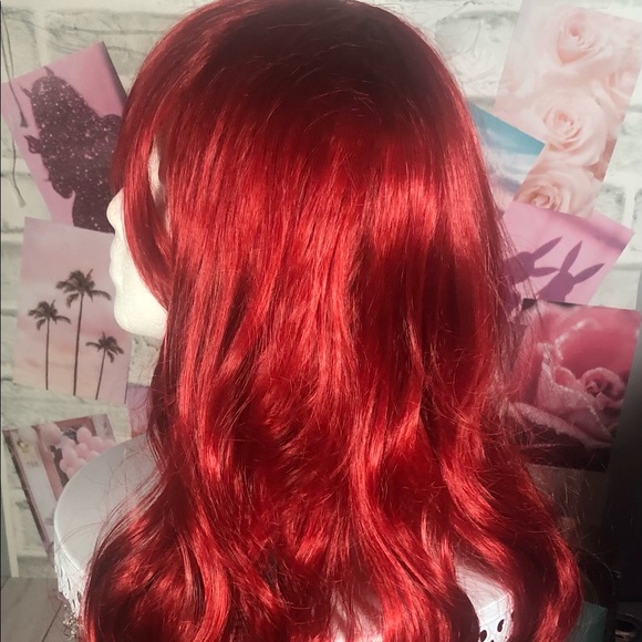 25” Dark Red Wine Long Heat Resistant Fiber Wig with Bangs - Picture 4 of 16